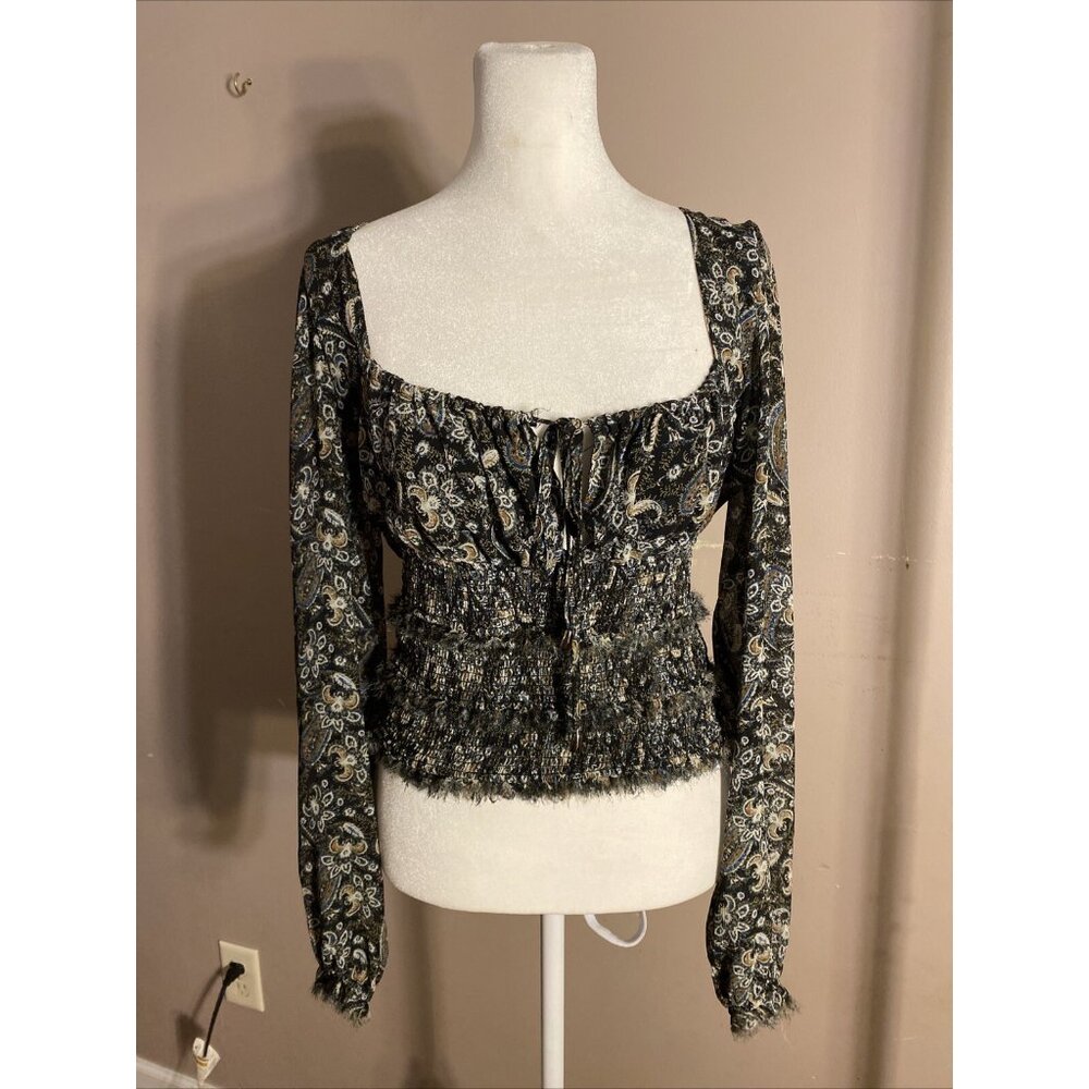Free People Sheer Cropped Shirt Raw Hem Paisley Smocked Waist Pleated Tie Sz S